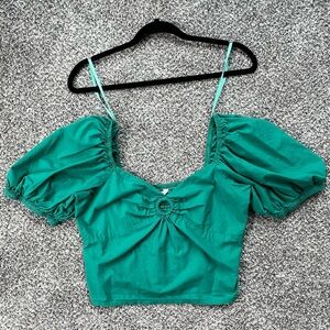 Teal Smocked Crop Top with Puff Sleeves Romantic Neckline Size XL